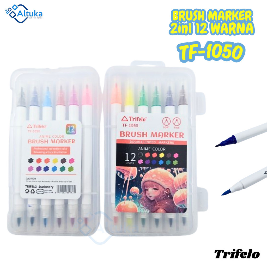 

(12pcs) BRUSH MARKER DOUBLE ENDED / Brush Spidol 12 Warna 2in1/ Brush Marker TRIFELO TF-1050 Anime Color