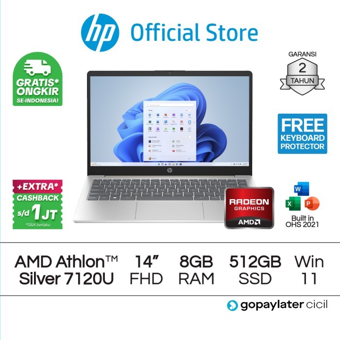 Laptop HP 14s-fq0562AU Athlon 3050U Radeon 4GB RAM 512GB SSD W11 AMD - 8GB/512GB, Silver