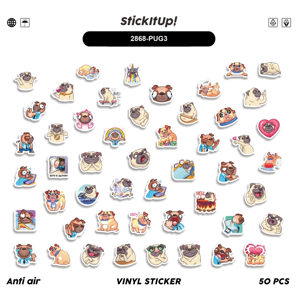 

COD 50 Pcs Stiker Cute Pug Funny Dog V3 Lucu Anti Air Untuk Dekorasi Notebook Sepeda Skateboard Handphone