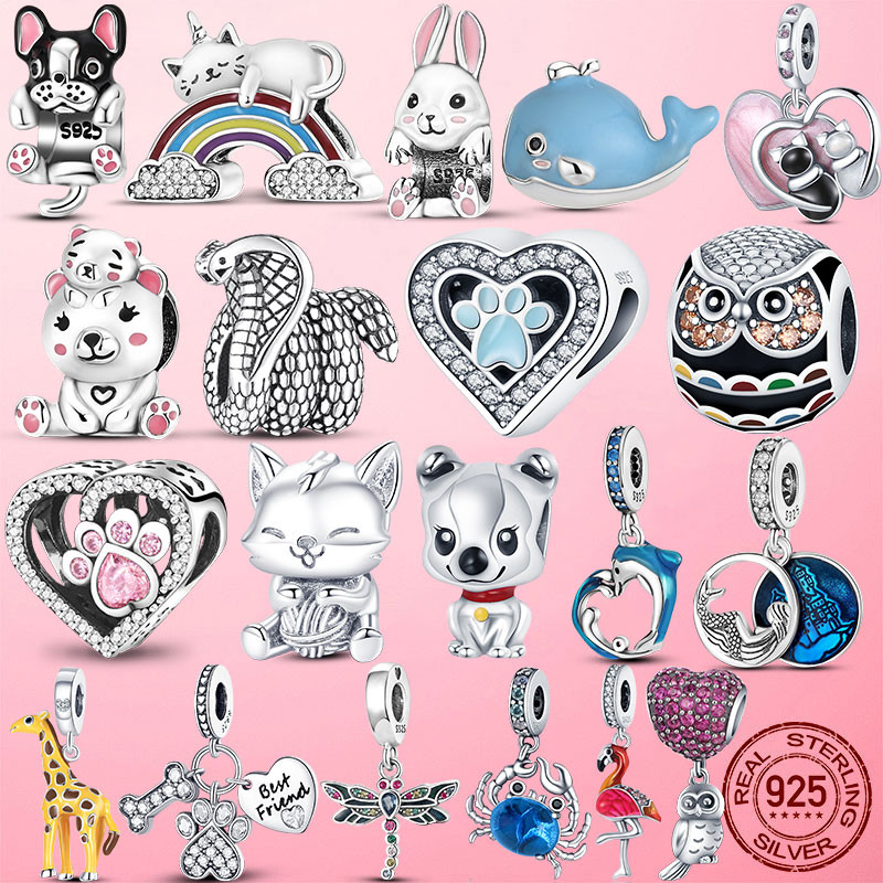 925 Silver Beads Giraffe Cat Firefly Animal Charm Pendant Fit Original Pandora Bracelet Girl Gift DI