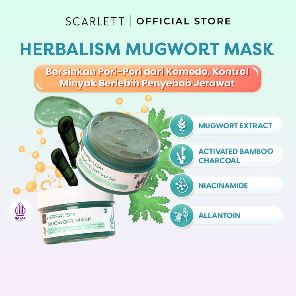 Scarlett Whitening Herbalism Mugwort Mask Masker untuk Wajah Komedo,  Jerawat, Beruntusan dan Sensit
