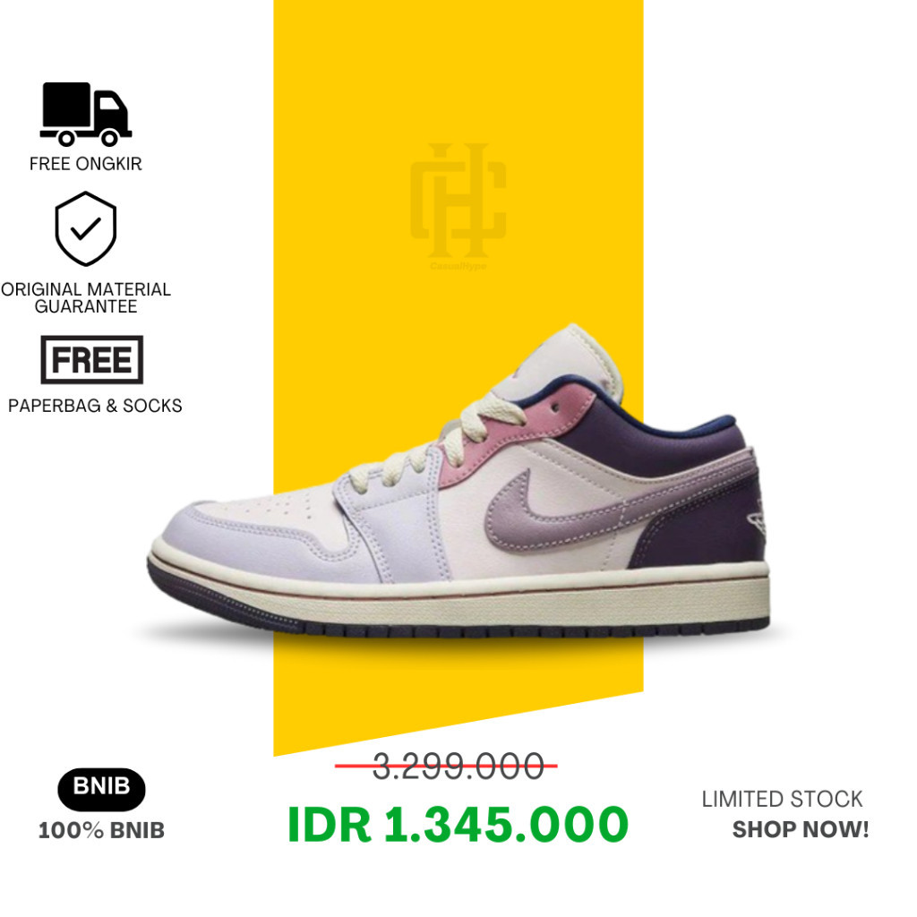 Sepatu Wanita Air Jordan 1 Retro Low Pink Pastel Plum Purple 100% BNIB Authentic