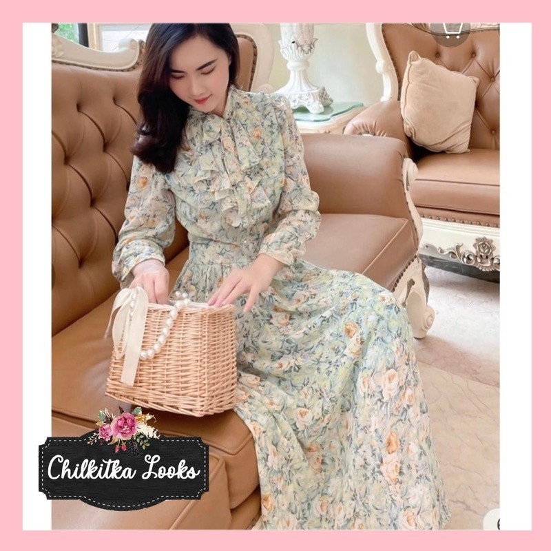 CHILKITKA LOOKS FASHION SELEBGRAM OUTFIT Aigo Dress Floral Korean Vintage Casual Holiday Summer Dinn