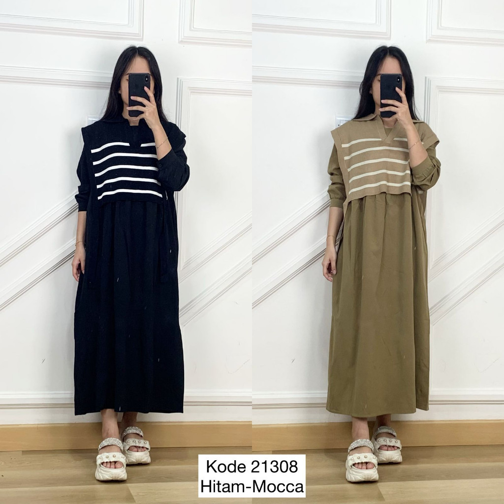 21308 LONG MAXI 2IN1 INNER DRESS KATUN CRINKLE POLOS LENGAN PANJANG MIX VEST RAJUT GARIS YUKENGSI VA