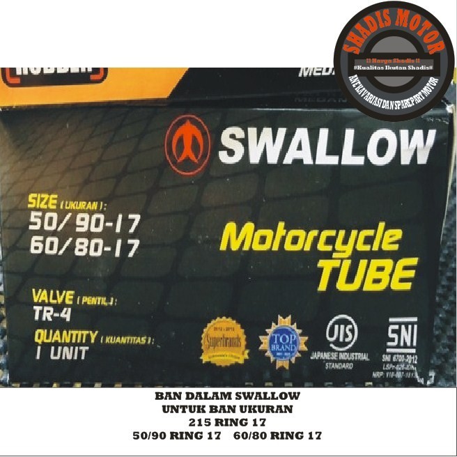 Ban Dalam Motor Merk Swallow Ukuran 60/80 ( 50/90 ) /  215 Ring 17