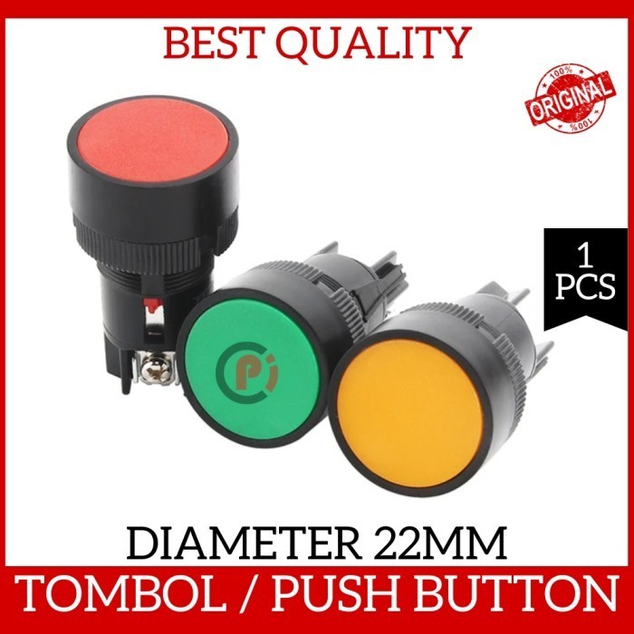 Push On Off Switch Button 22mm Panel Listrik NO NC Hijau Merah Kuning