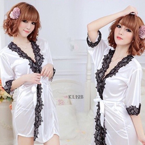 Lingerie Set Baju Tidur Satin Wanita Kimono Putih KL12B