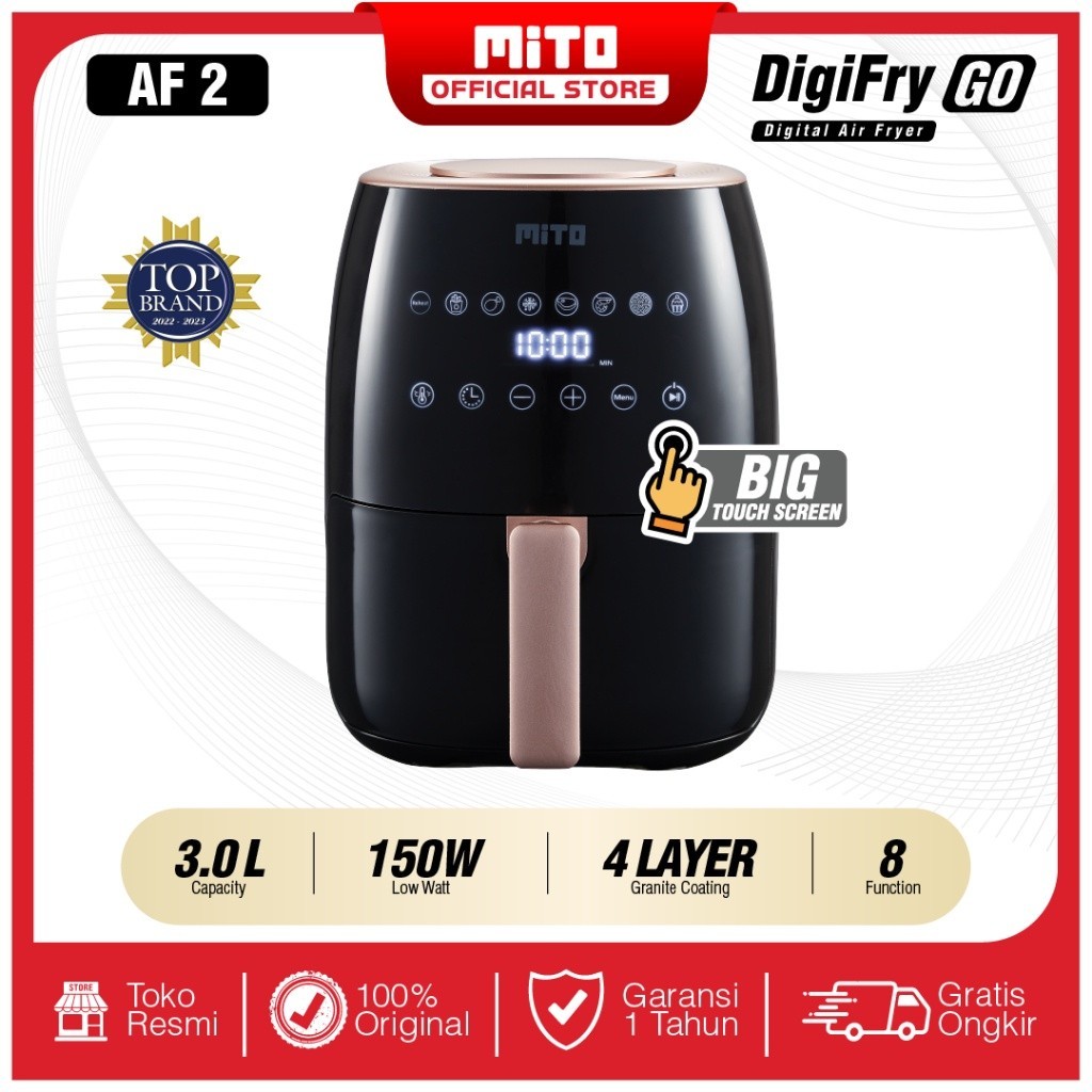READY STOK MITO Air Fryer Digi Fry Go AF2 3L Digital Low Watt Mesin Penggoreng Tanpa Minyak Garansi Resmi - Black Gold