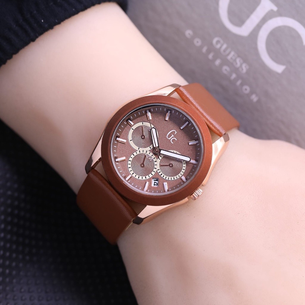 ( Best Seller ) Jam tangan Wanita GC Kulit Leather Quartz Elegan Bulat Tanggal aktif Include BOX ORI
