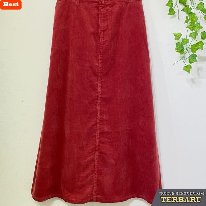 rok wanita kekinian Part II Rok Corduroy Polos A Line - Rok Wanita Kerja Panjang - Merah bata, M