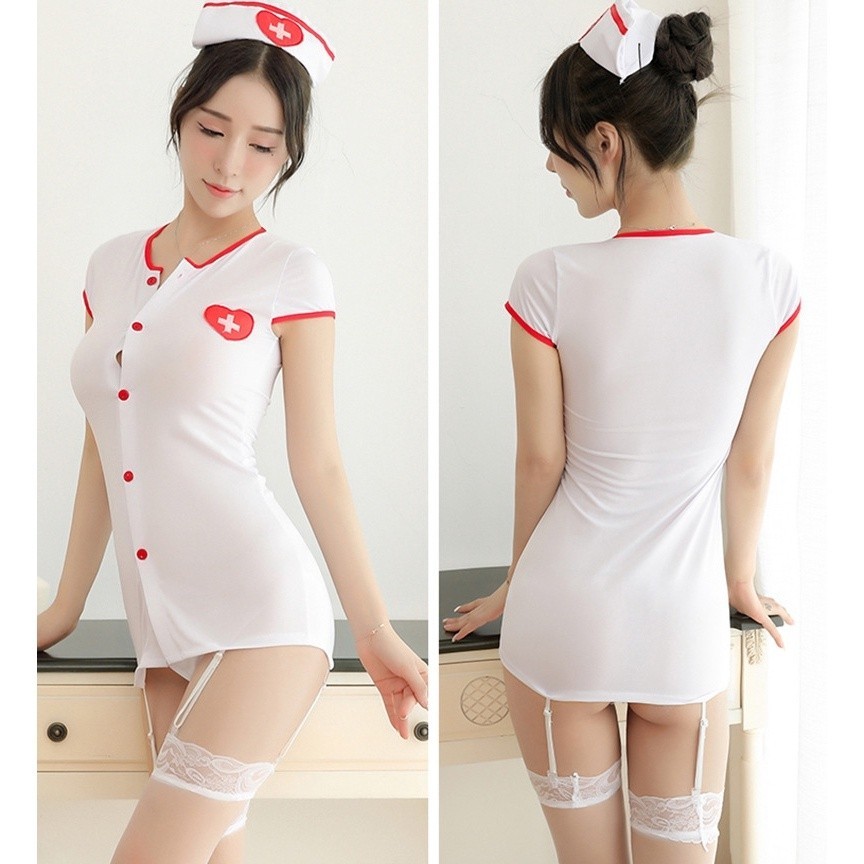 Baju Dinas Malam Sexy Set Baju Lingerie  & Topi & G String Model Cosplay Perawat Seksi LG106