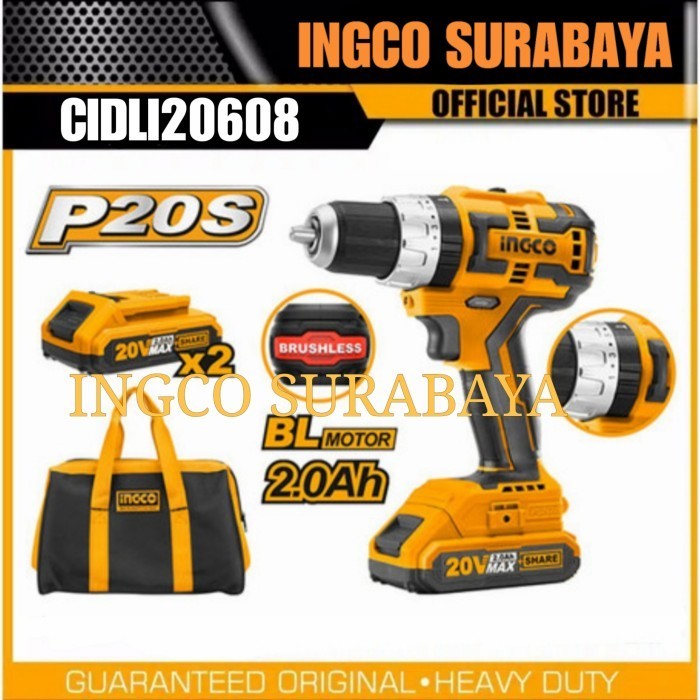 INGCO CIDLI20608 IMPACT DRILL BRUSHLESS CORDLESS BOR TEMBOK BATERAI