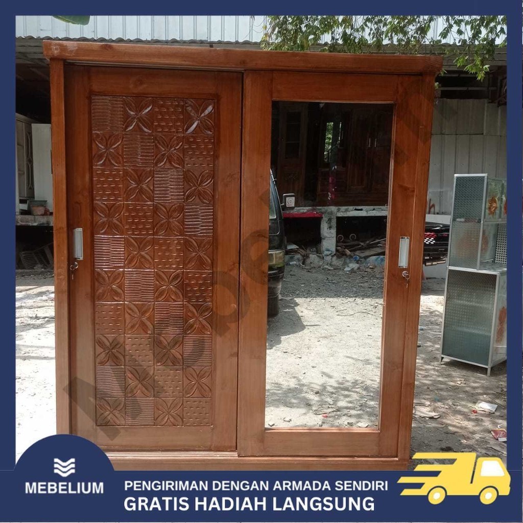 [Jabodetabek] Lemari Pakaian / Baju Sliding Jati 2 Pintu Jumbo | Lemari Baju Kayu Jati Anti Air Anti