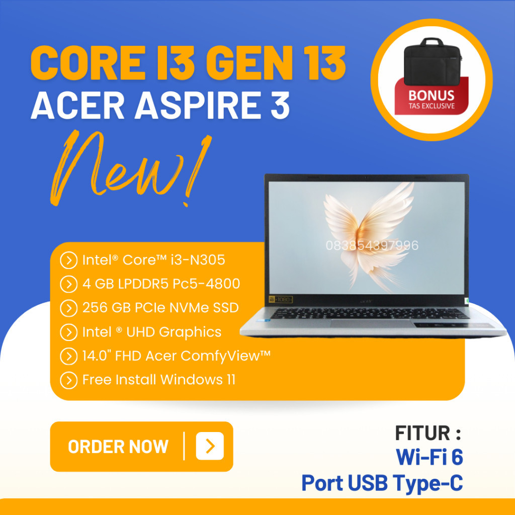PROMO SALE SPESIAL LAPTOP ACER CORE I3 TERBARU - ACER ASPIRE 3 A314-36M-324N | CORE i3-N305 | RAM 4GB DDR5 | SSD 256GB | 14" FHD | PURE SILVER | FREE WINDOWS 11 + TAS LAPTOP