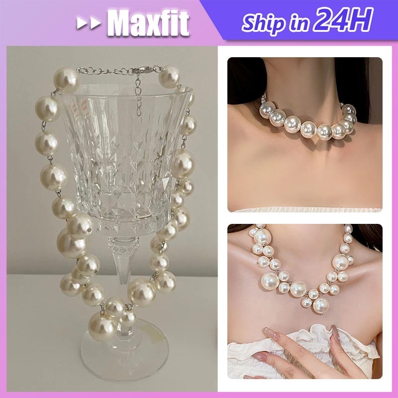 Big Pearl Necklace Kalung Choker Mutiara Basic Besar Jumbo Aksesoris Perhiasan Wanita