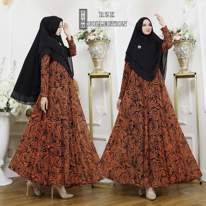 gamis wanita set hijab 2 layer baju muslim lurik oren terkini  - ORANGE BATA, all size