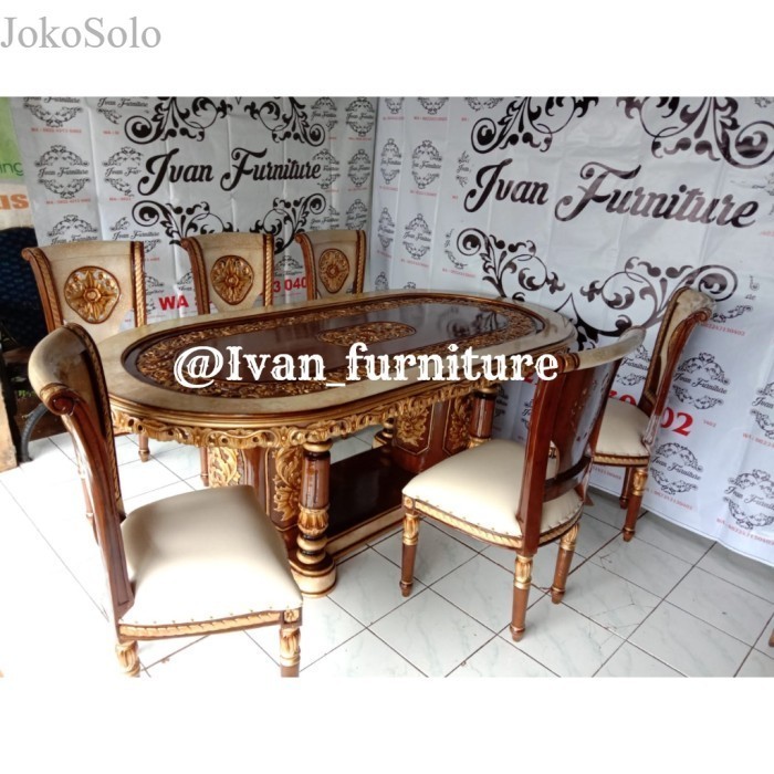

MEJA MAKAN 6 KURSI KAYU JATI UKIR , MEJA MAKAN GENDONG SALINA UKIR murah