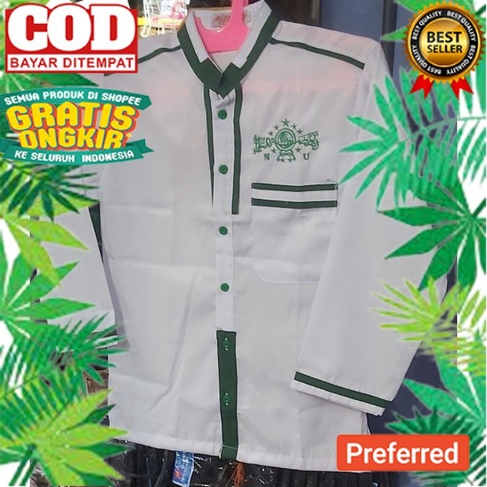 Baju koko NU putih bordir hijau halus tanggung anak anak  remaja//PROMO BAJU MUSLIM RAMADHAN MURAH