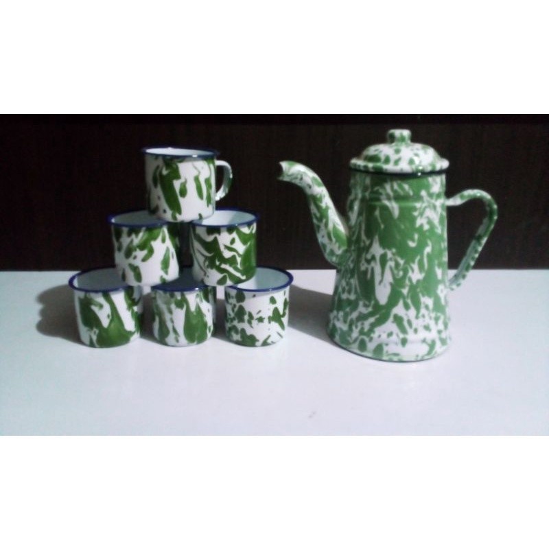 BEST SELLER Set Teko Ceret Mug cangkir enamel seng jadul lurik 6 pcs vintage lurik 1,8 L