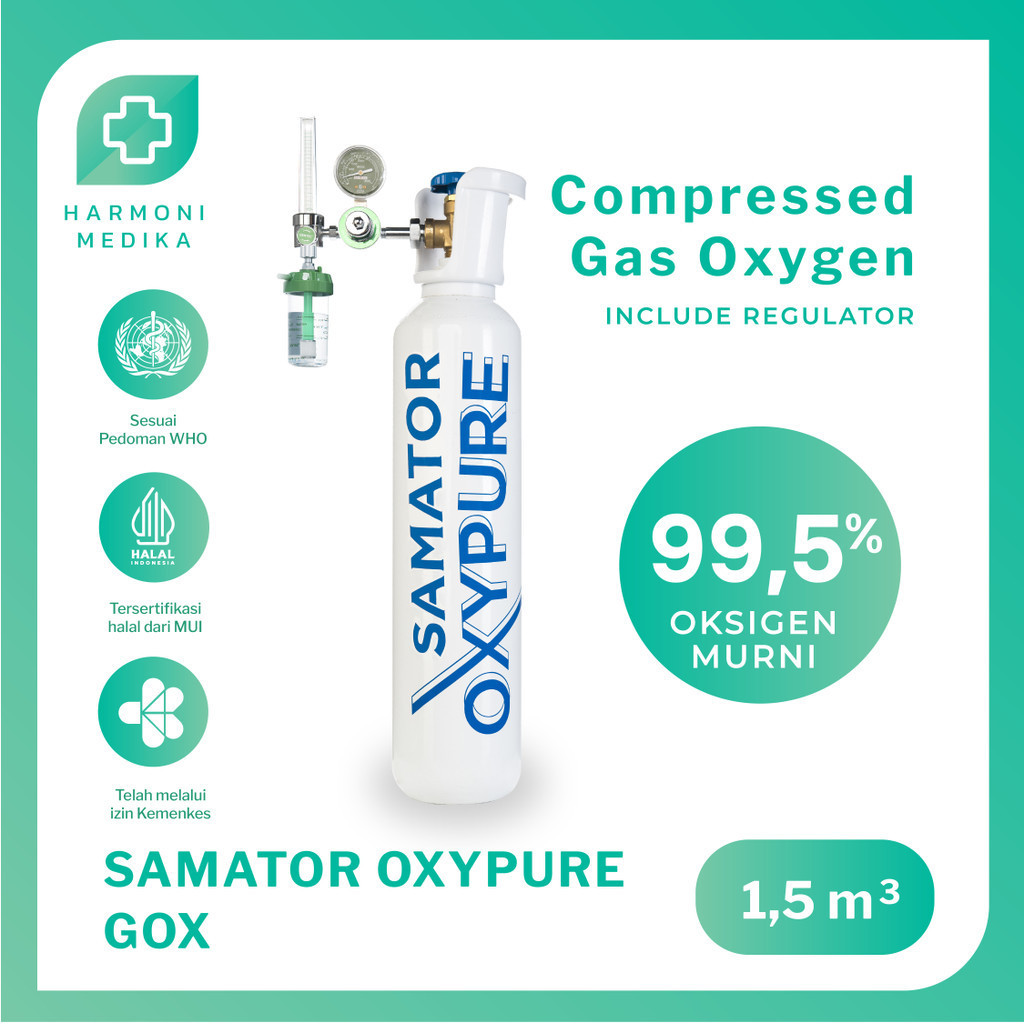 Samator Oxypure GOX 1,5 m3 [Include Regulator] / Tabung Gas Oksigen Murni Steril Untuk Home Care, Fasilitas Kesehatan, Rumah Sakit, Terapi Pernapasan