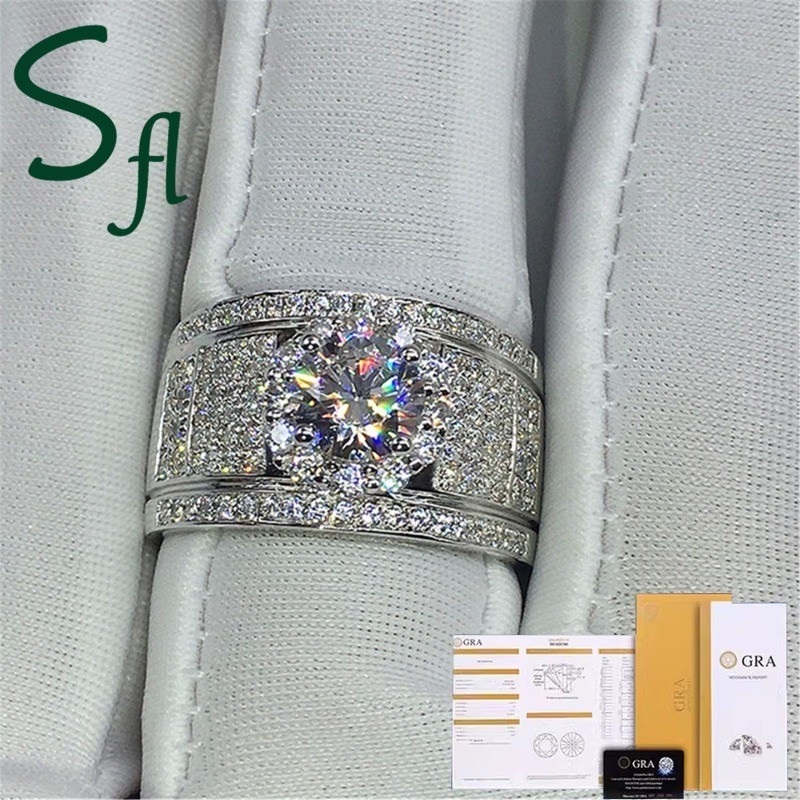 SFL Cincin Perak S925 Berlian Penuh Pria, Lebar Berlian Mewah（Dengan Sertifikat GRA）