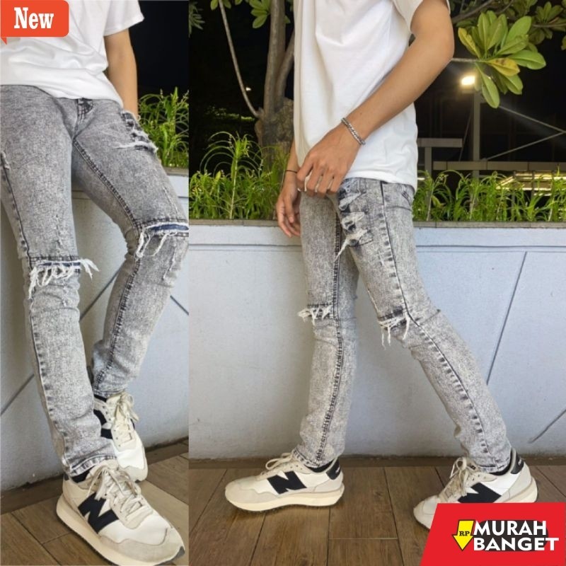 Celana denim pria- PROMO SPESIAL SUPER BIG SIZE 27 SAMPE 46 ABU GREY SANDWASH BIKERS | CEALNA JEANS 