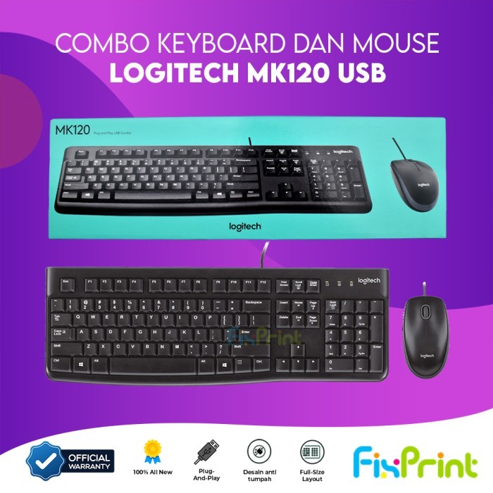 FixPrint Keyboard Logitech K120 Kabel USB Combo Keyboard Plus Mouse MK120 Wired Bergaransi Original