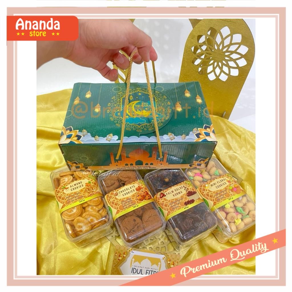 

Kado Buat Pacar Gebetan Anniversary Wisuda Teman / HAMPERS SEMI HARDBOX LEBARAN IDUL FITRI / 100% HALAL MUI PARCEL SNACK & COOKIES LEBARAN KUALITAS PREMIUM ISI 3 COOKIES COKLAT, ALMOND COOKIES & KURMA 400GR / BINGKISAN LEBARAN IDUL FITRI / FREE KARTU UCA