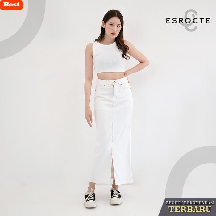 rok wanita kekinian ESROCTE Rok Skirt Mid Waist Panjang Jeans Wanita P65 - Putih 26-38 - Putih, 34