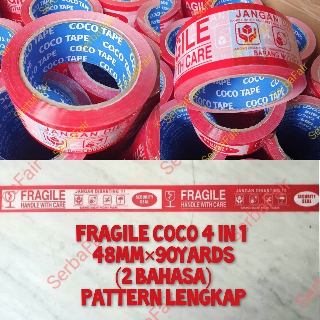 

Lakban Fragile Merah 2 Inch (48mm) x 90 Yards / Lakban Fragile 4 in 1 2BAHASA LENGKAP