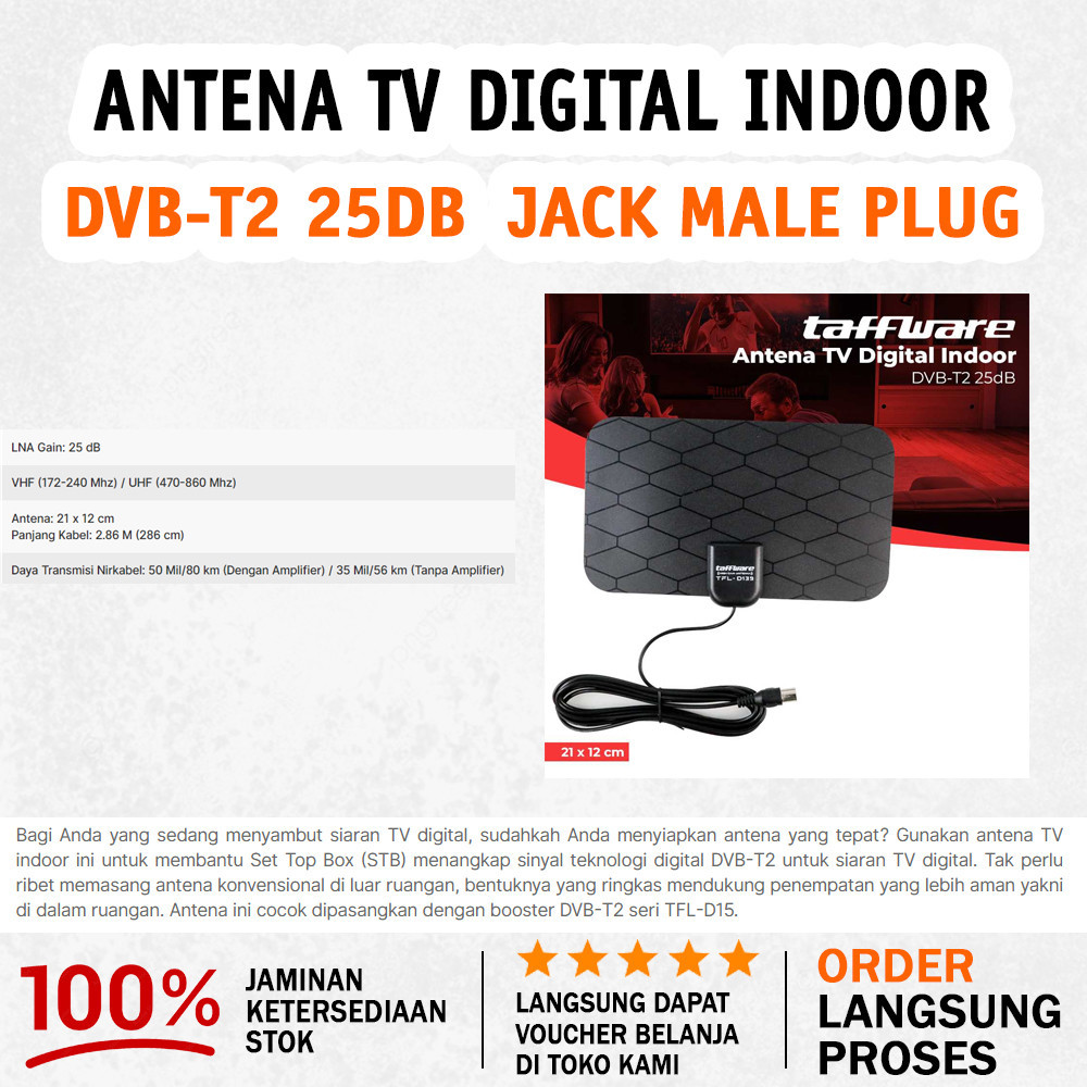 Antena TV Digital DVB-T2 4K High Gain 25dB Jangkauan Sinyal Hingga 50 Mil Panjang Kabel 3 Meter