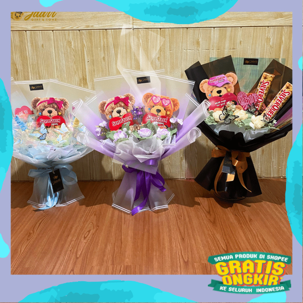 Buket Coklat Silverqueen Bear Terbaru Size Medium Hadiah Unik Bouquet Valentine Kado Pacar Gift Ultah Kejutan Anniversary Custom Request Viral Coklat Beruang Panda/ kuning coklat abu ungu sage