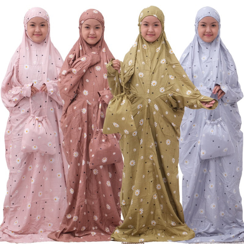 FR53ES Mukena terusan anak bahan katun rayon balian dingin dipakai untuk sd mukenah terusan lajuran