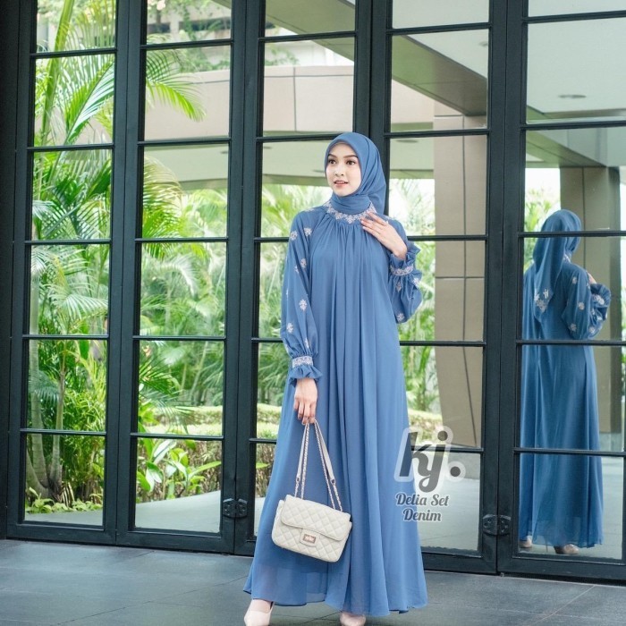 Khadijah Mode Delia Set Gamis Hijab Dress Pesta Kondangan Busana Musli - Hitam, M