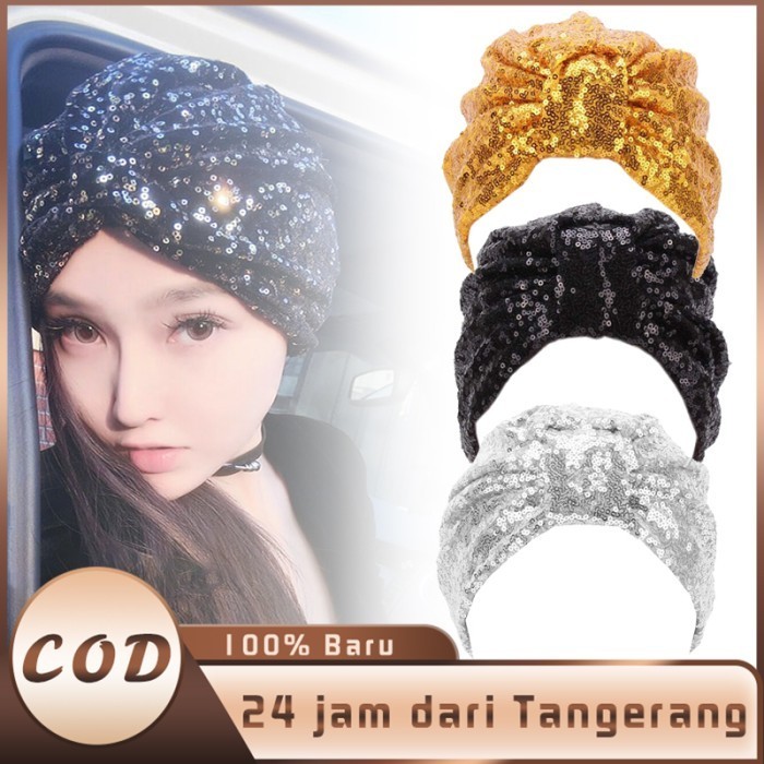 Turban Instan Dewasa Turban Mewah Turban Pesta Sequin Mewah - Putih
