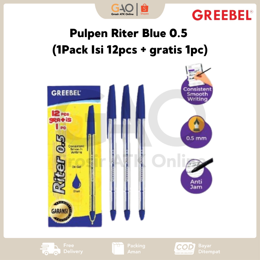

Pulpen Riter Blue Greebel 0.5 (1Pack Isi 12pcs + gratis 1pc)