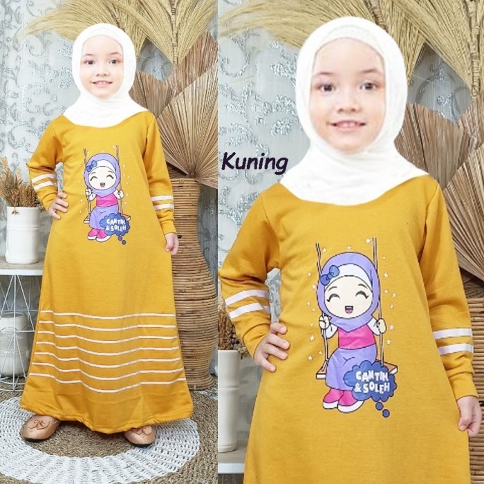 promosi busana muslim anak cantik & soleha gamis dress anak 3-12 tahun murah - Kuning, M