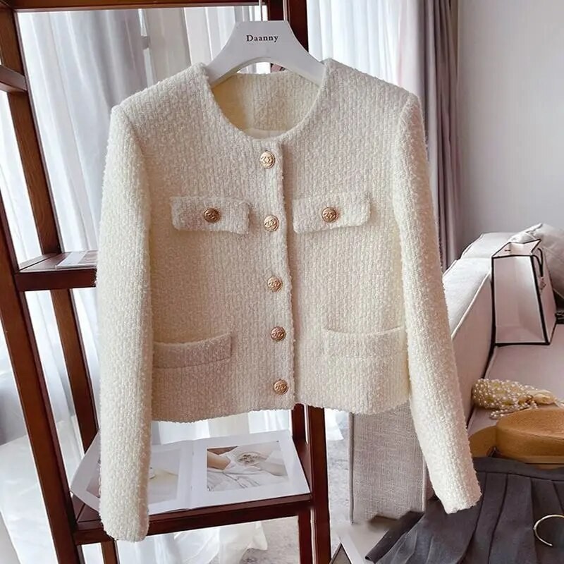 2023 Classic Style Tweed Coat Pocket  Causal Tweed Coat Office Ladies Suit Jacket Chic Female Tweed 