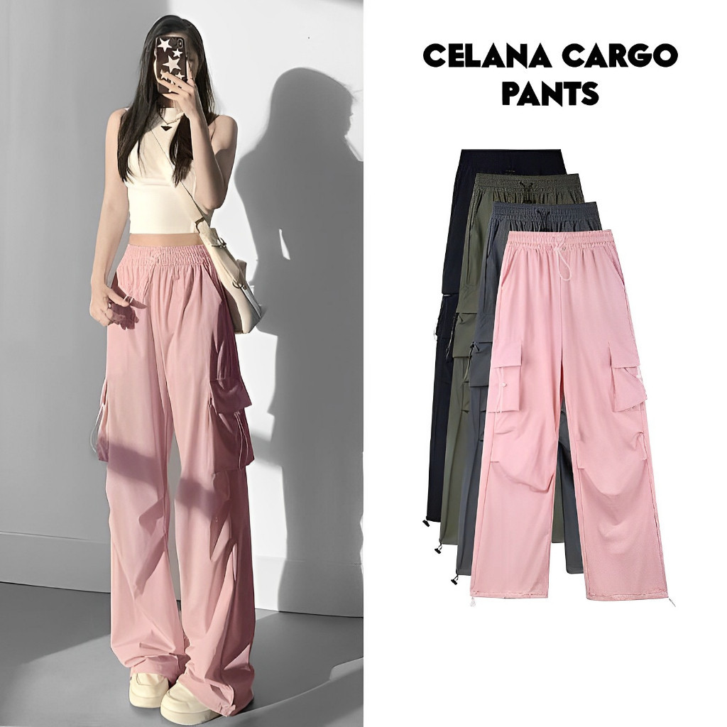 [URBANBEAUTY] Celana cargo wanita koreanstyle highwaist