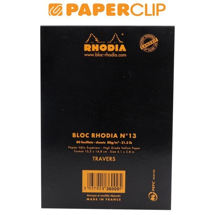 

NOTEPAD RHODIA N13 HEAD STAPLED A6 BLACK LINED 136009EXPC