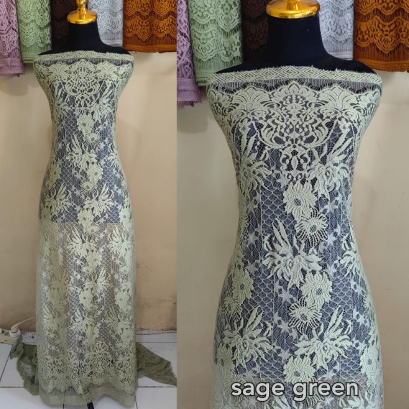 Kain Brokat Semifrancis Sage Green Bahan Kebaya Brokat Semi Prancis Warna Sage Green