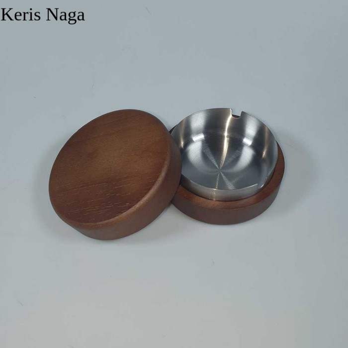 Asbak Rokok Alas Tutup Kayu Wood Stainless Steel Cigarette Portable Ashtray - Silver LSF10