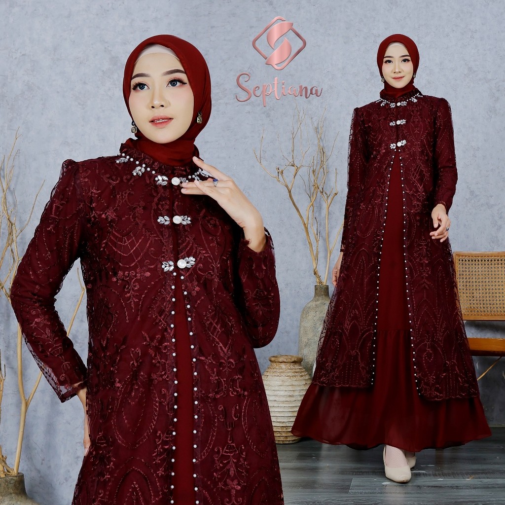VL23EW Septiana - Set Outer dan Inner Gamis Brukat Pesta kombinasi tille brukat dan ceruti baby doll