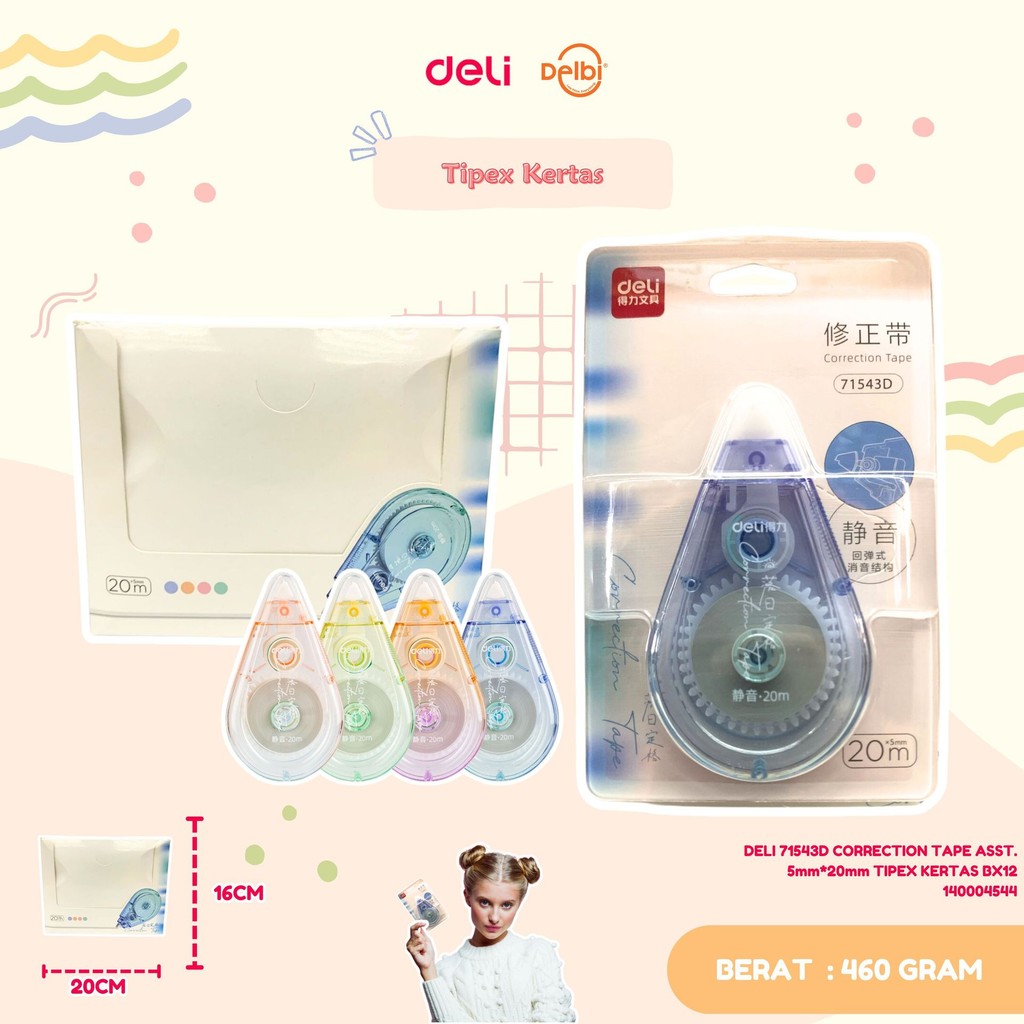 

DELI 71543D CORRECTION TAPE ASST. 5mm*20mm TIPEX KERTAS