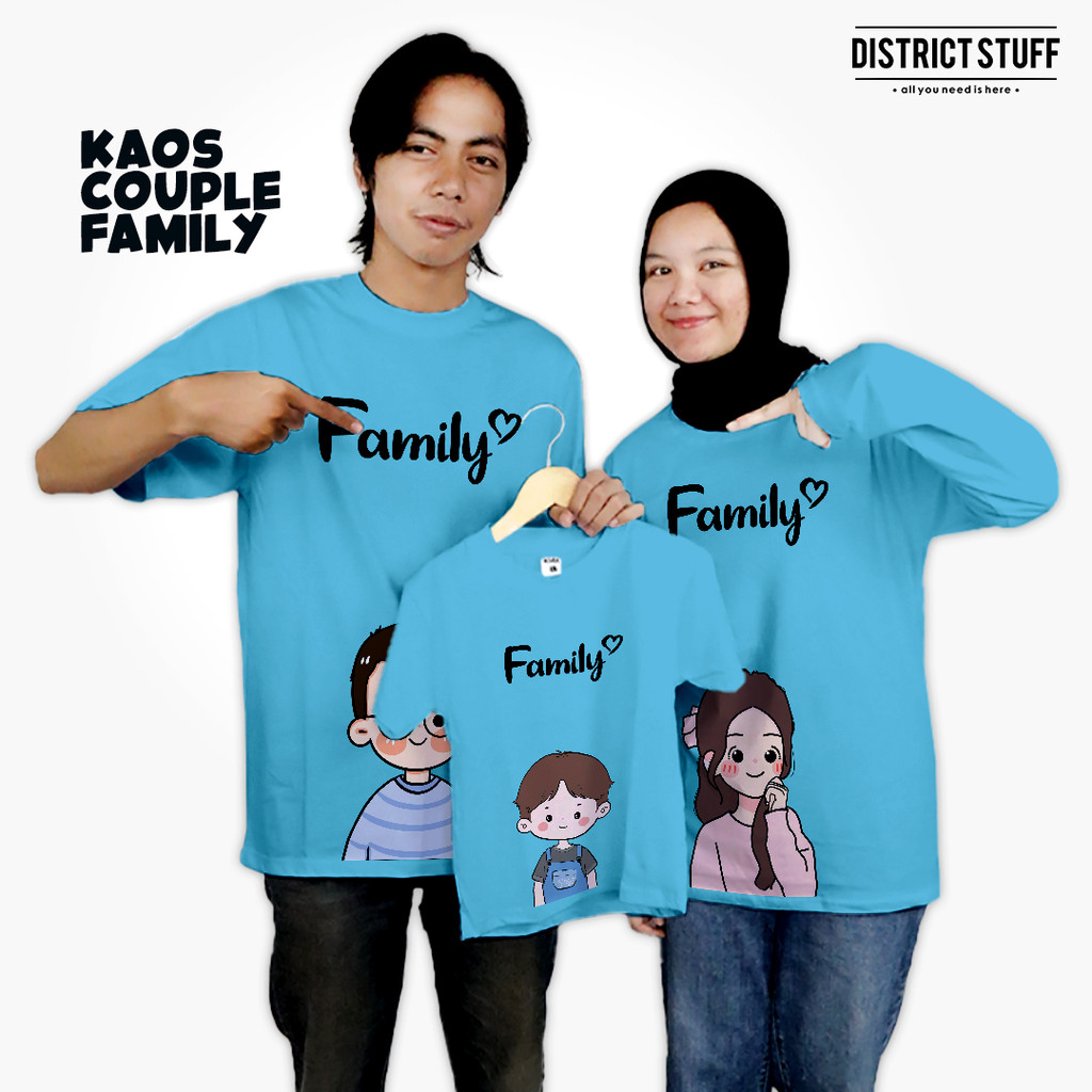 Kaos Couple Keluarga Love Family Biru Muda Baju Keluarga Cotton Combed