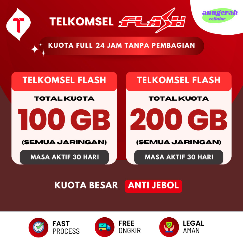 Paket Data | Kuota Telkomsel Flash 100GB | 200GB | 24 Jam Full | All Jaringan | 30 Hari••