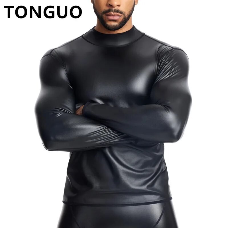 Men Long Sleeve Leather Shirt Tops Slim Underwear Body Shapers Waist Trainer Corsets Tummy Shapewear