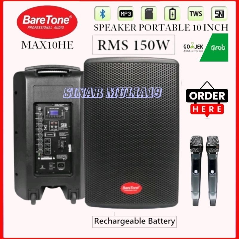 BareTone MAX10HE / MAX 10 HE "10 inch Speaker Portable Aktif RMS 150 Watt Bluetooth TWS