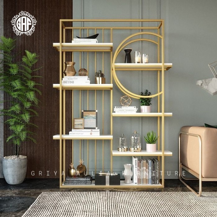 Rak buku besi finishing gold kombinasi marmer partisi terbaru