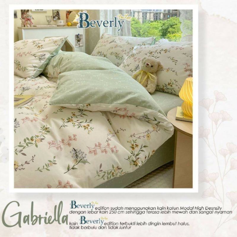 Sprei anti geser katun beverly motif GABRIELLA kombinasi bunga putih dan hijau